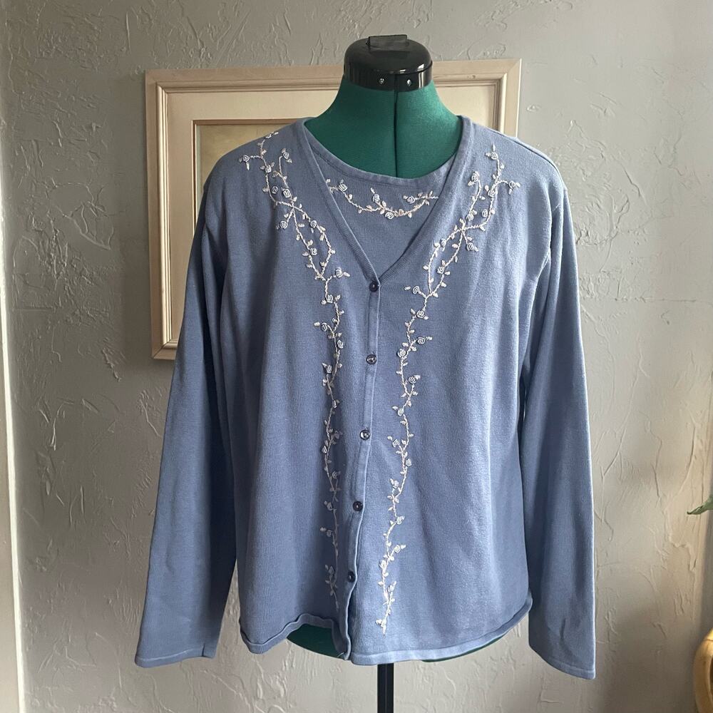 Vintage 90 Blue Cardigan Crewneck Sweater Floral Embroidered Layered Size Medium